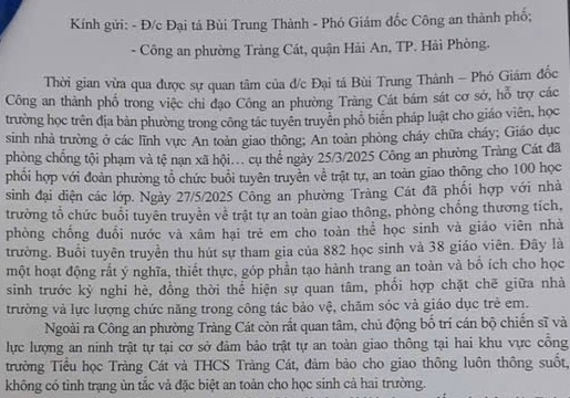 Công an phường Tràng Cát (Hải An): Làm tốt công tác tuyên truyền, nâng cao ý thức pháp luật về TTATGT, PCCC cho học sinh